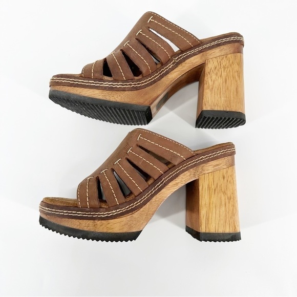 Vintage Candie’s Y2K Wood Heel Chunky Platform Brown Leather Sandals Size 8.5 - Picture 5 of 7